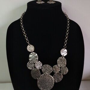 Ruby Rd Silver Tone Hammered Coin Bib Necklace Statement Necklace & Earrings